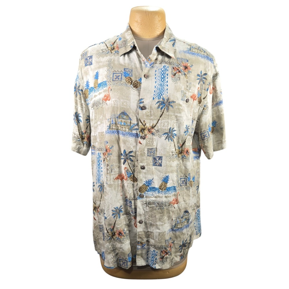 Batik Bay Button‎ Down Shirt Mens XL Rayon Tropical Flamingo Pineapple Hawaiian